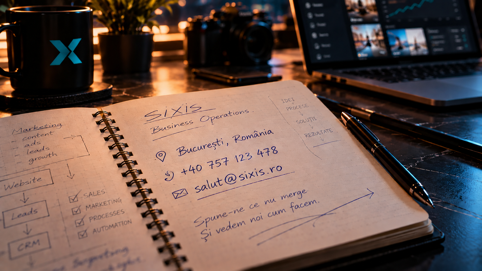 Biroul SIXIS și o agendă deschisă, în care sunt scrise București, România, +40 757 123 478, salut@sixis.ro și «Spune-ne ce nu merge. Și vedem noi cum facem.»